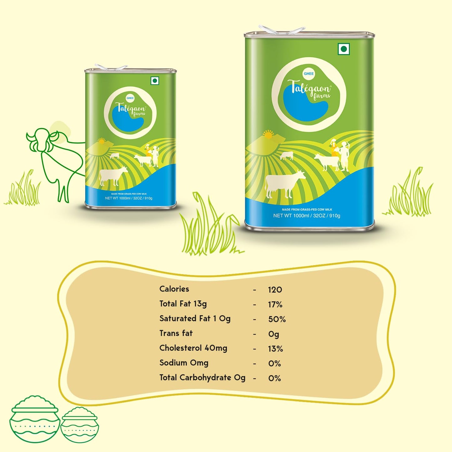 Talegaon Farms Premium Cow Ghee | Pure Desi Ghee | Traditional & Cultured | Vedic Bilona Method | Natural, Lactose-Free & Gluten-Free | Fresh, Healthy & Lab Tested | Tin Pack