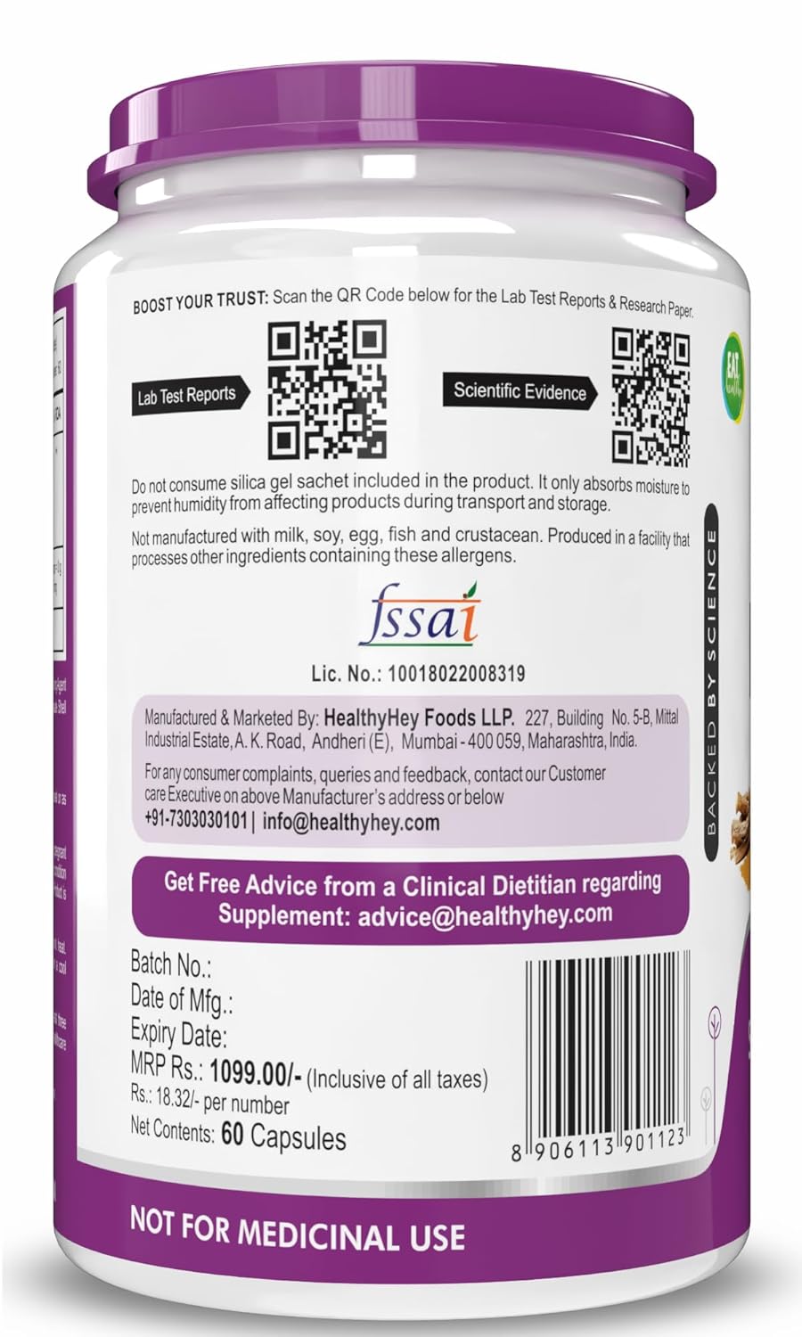 Supplement container with purple label and text on a white background