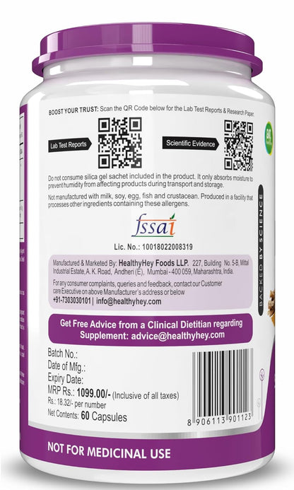 Supplement container with purple label and text on a white background