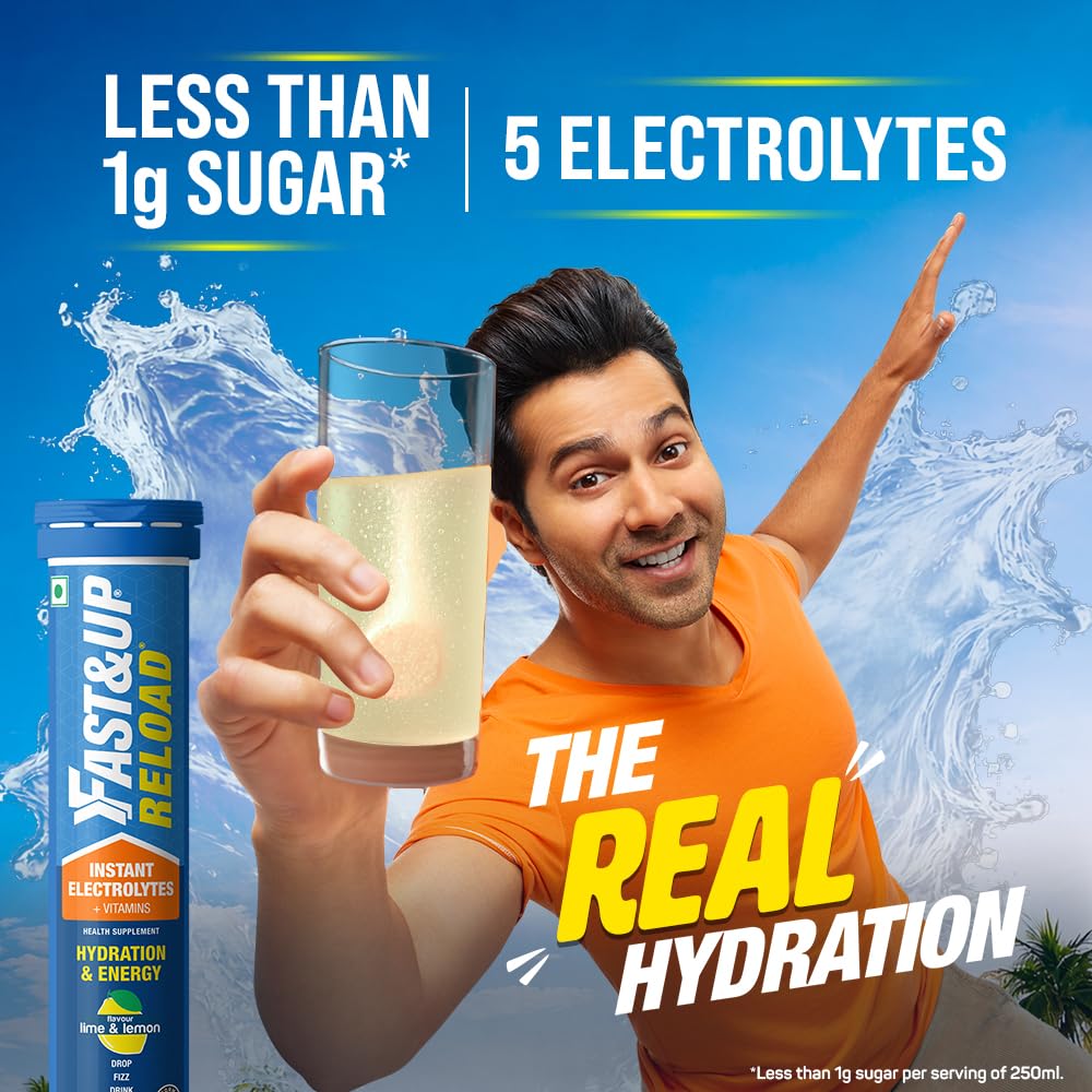 Fast&Up Reload (5 Litres) Low Sugar energy drink for Instant Hydration- 20 Effervescent Tablets with all 5 Essential Electrolytes + Added Vitamins -Certified Electrolytes Drink- Lime and Lemon flavour
