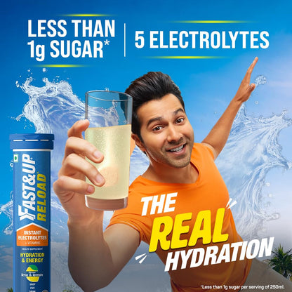 Fast&Up Reload (5 Litres) Low Sugar energy drink for Instant Hydration- 20 Effervescent Tablets with all 5 Essential Electrolytes + Added Vitamins -Certified Electrolytes Drink- Lime and Lemon flavour