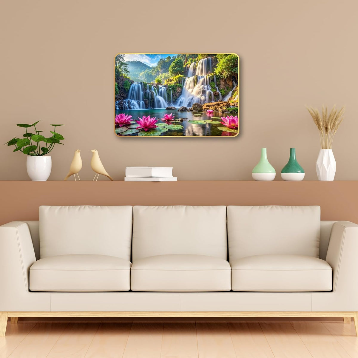 Lotus Waterfall Wall Painting for Living Room | Vastu Positive Energy Wall Decor | Premium UV Printed Nature Scenery Artwork for Home, Bedroom, Office Decoration | Waterproof & Fade Resistant Ready to Hang (Style-04, 12x18 inch)
