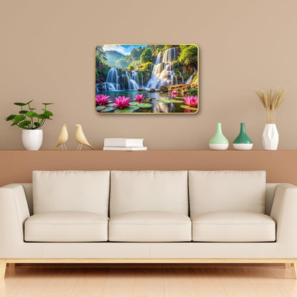 Lotus Waterfall Wall Painting for Living Room | Vastu Positive Energy Wall Decor | Premium UV Printed Nature Scenery Artwork for Home, Bedroom, Office Decoration | Waterproof & Fade Resistant Ready to Hang (Style-04, 12x18 inch)