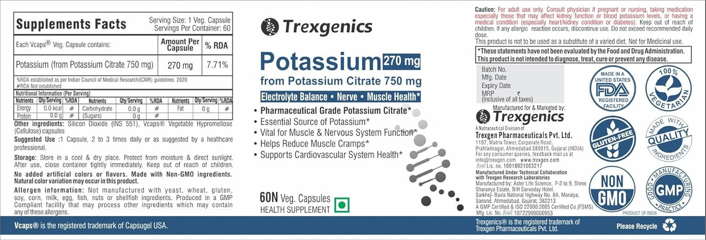 Supplement label for Potassium 250 mg by Trexigenics with various certification logos.