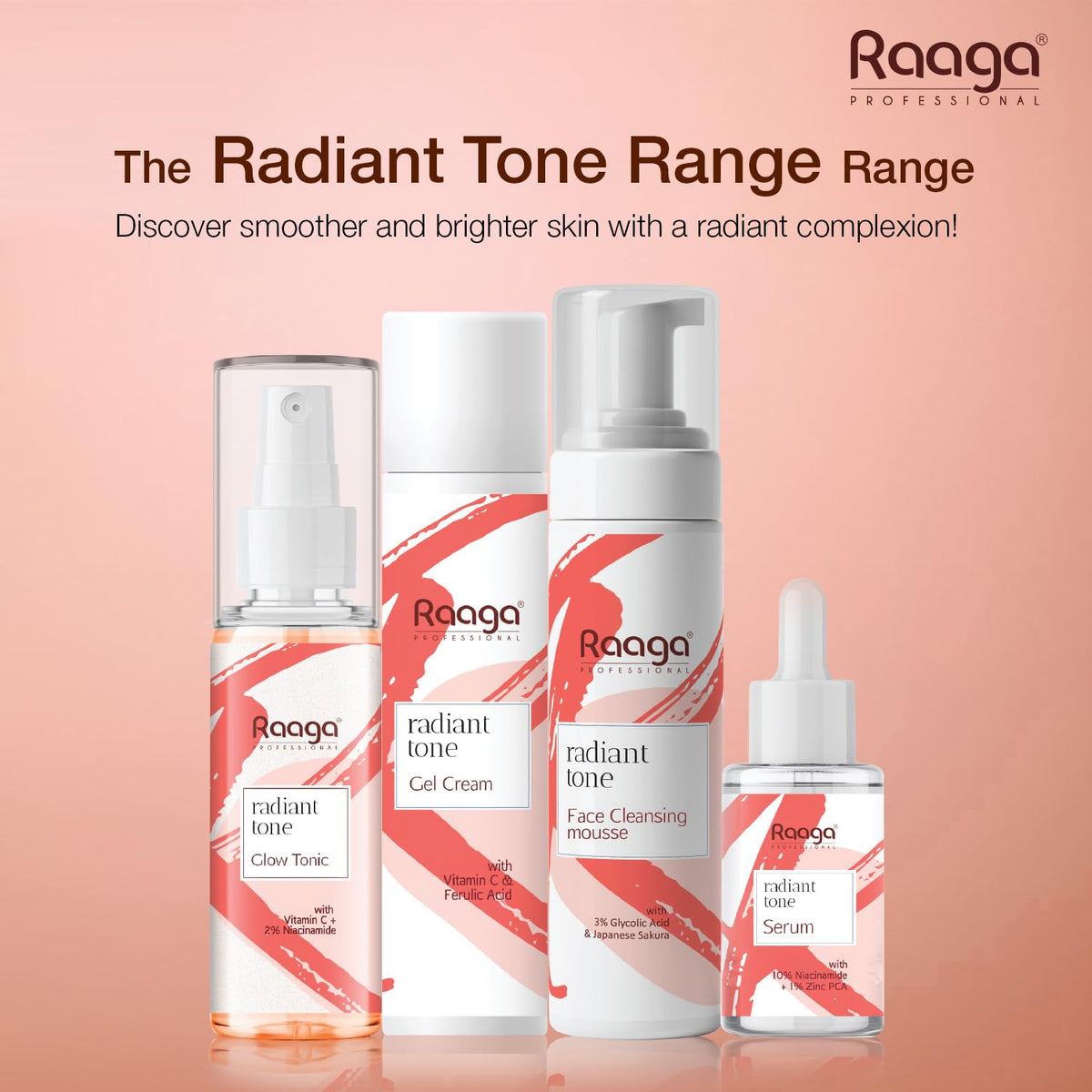 Raaga Professional skincare products on a pink background