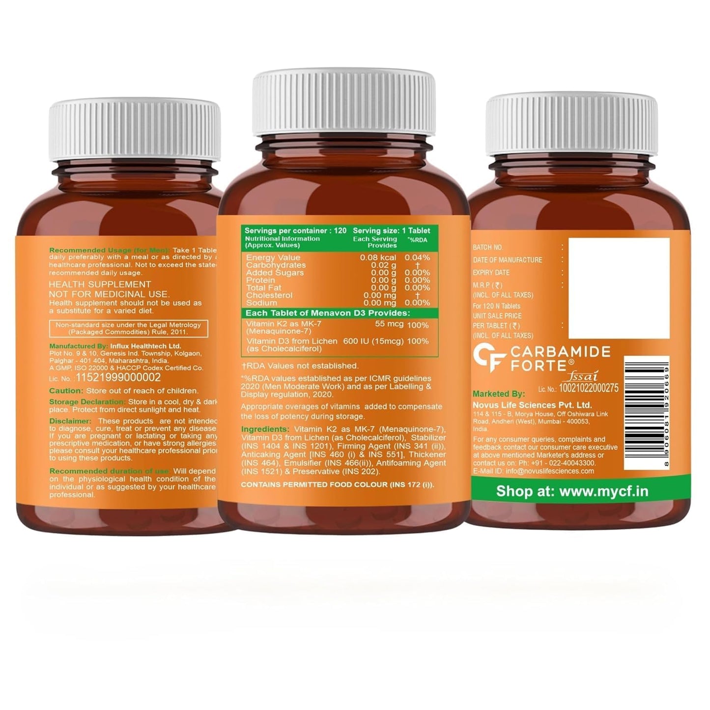 Carbamide Forte Vitamin D3 K2 Supplement | Vitamin K2 MK7 To Support Bone & Heart Health | Veg D3 - Lichen - 120 Tablets