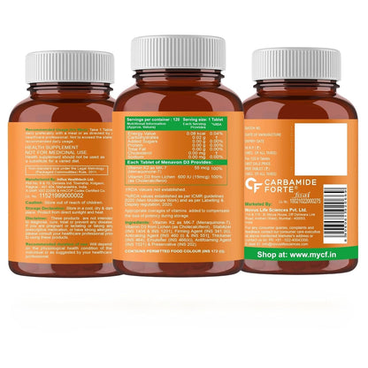 Carbamide Forte Vitamin D3 K2 Supplement | Vitamin K2 MK7 To Support Bone & Heart Health | Veg D3 - Lichen - 120 Tablets