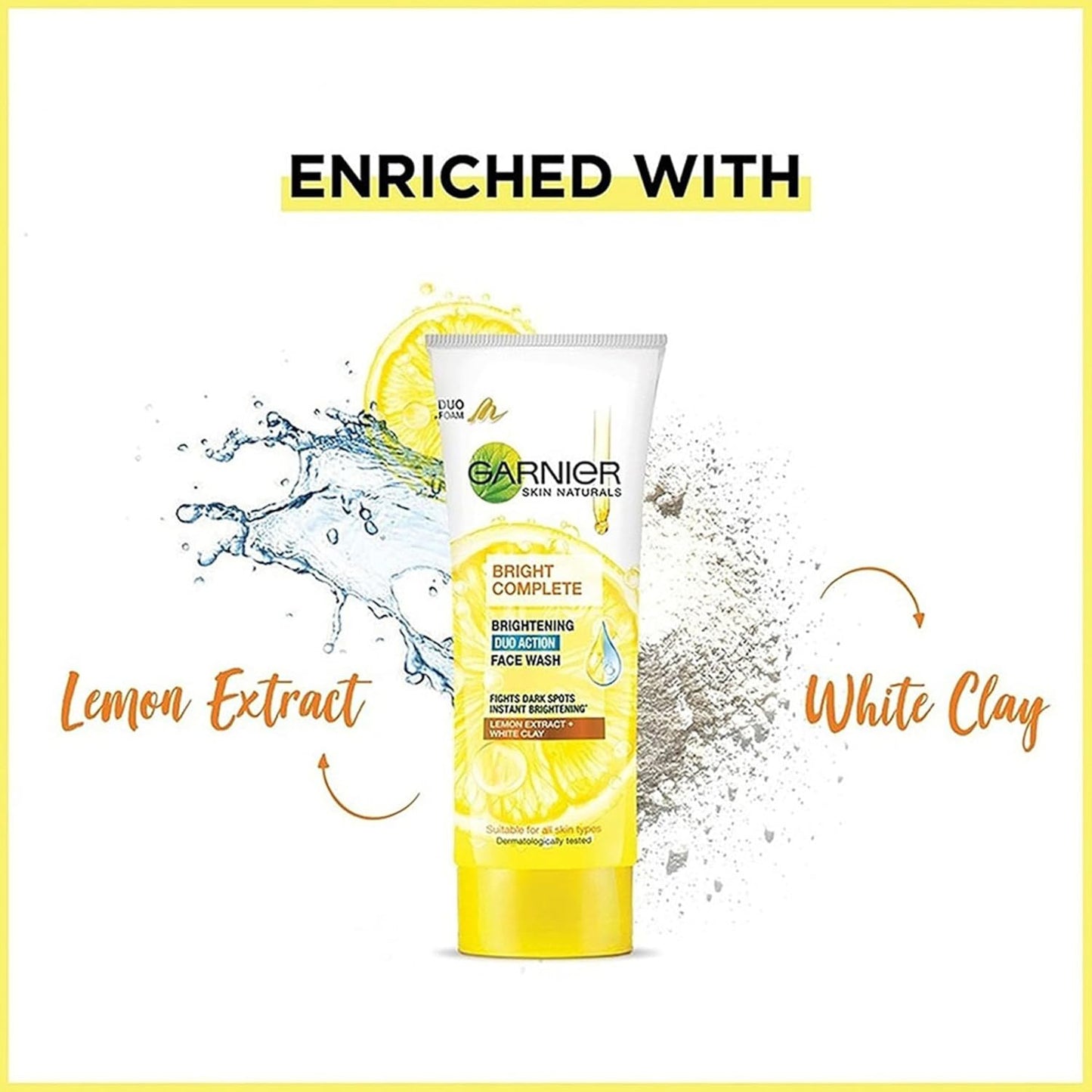 Garnier Bright Complete product with lemon extract and white clay text on a white background