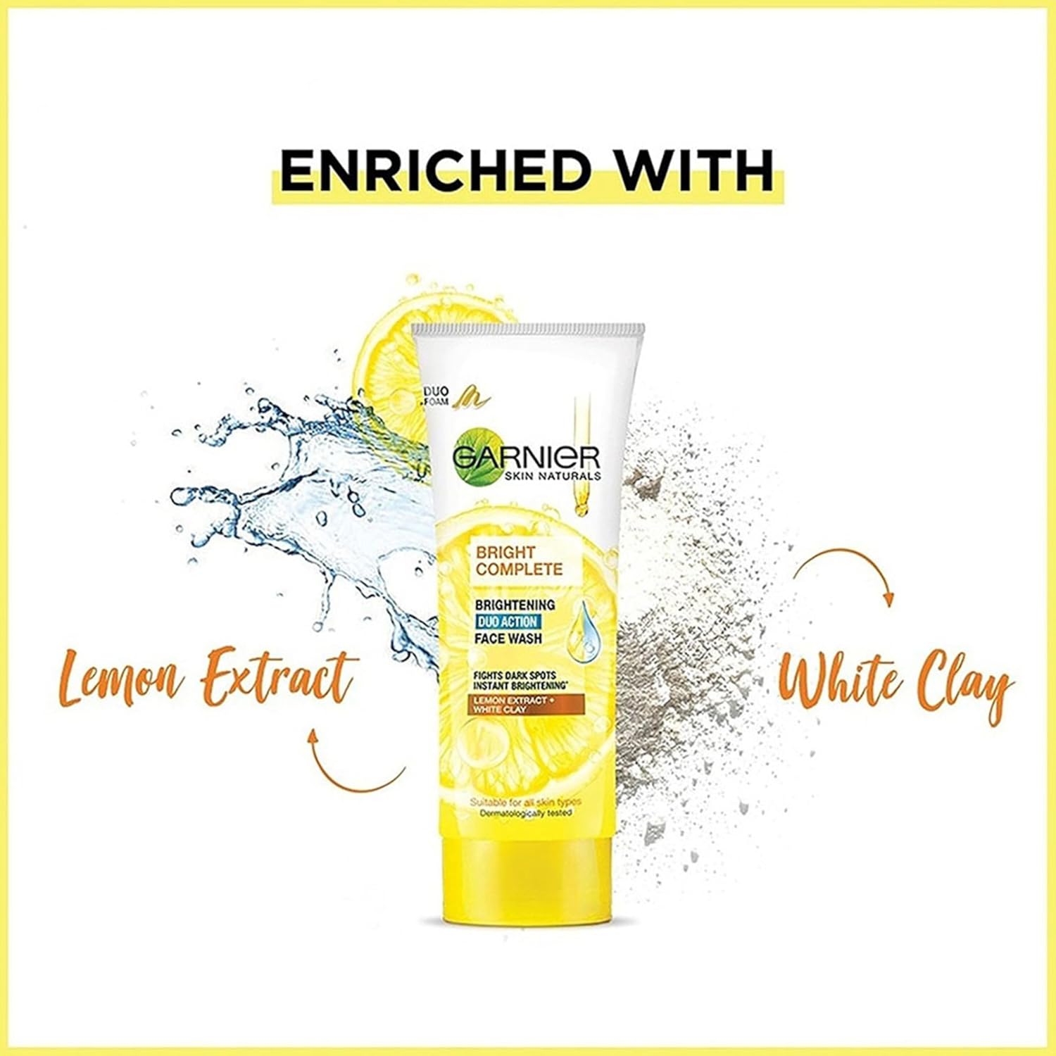 Garnier Bright Complete product with lemon extract and white clay text on a white background