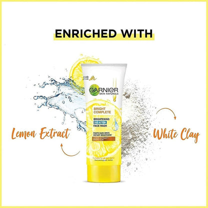 Garnier Bright Complete product with lemon extract and white clay text on a white background