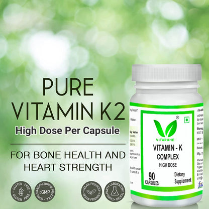VITARUHE® Vitamin K Complex, High Dose K1 + K2 Menaquinone High Strength & Vegan (MK4 +MK7), 90 Capsules for 3 Months, Best Bioavailability, Supplement Without Additives (1)