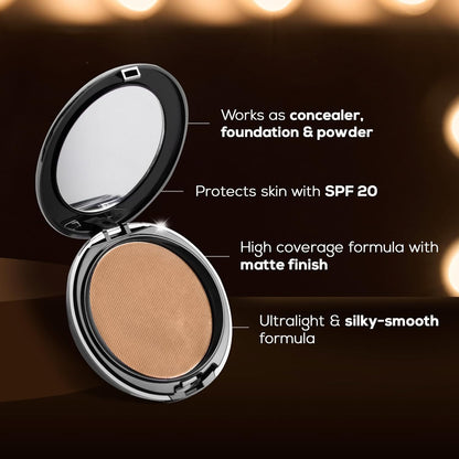 Compact powder with features listed on a dark background
