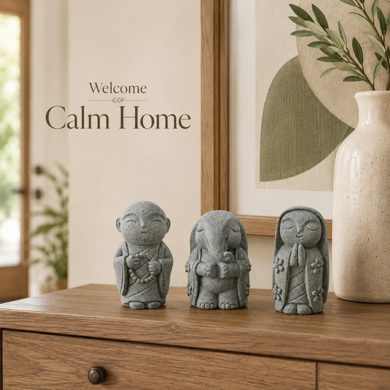 Street27 3Pcs Zen Monk Statue Set, Mini Sandstone Buddha Monk Figurines for Home, Office Desk, Aquarium, Car Dashboard, Meditation Room & Table Decor, Grey
