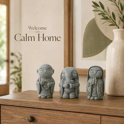 Street27 3Pcs Zen Monk Statue Set, Mini Sandstone Buddha Monk Figurines for Home, Office Desk, Aquarium, Car Dashboard, Meditation Room & Table Decor, Grey