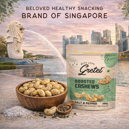 Gretel Salt & Pepper Roasted Cashews 200 gm | Crunchy Kaju Nuts | Rich in Protein & Antioxidants | Zero Cholesterol Dry Fruits | Vegetarian Healthy Snack | Brand of Singapore |