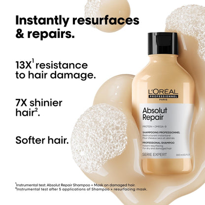 L'Oréal Professionnel Absolut Repair Shampoo for Dry & Damaged Hair - 300ml | Professional shampoo for Strengthening and Repairing Hair, With Protein & Omega-9, For Men & Women