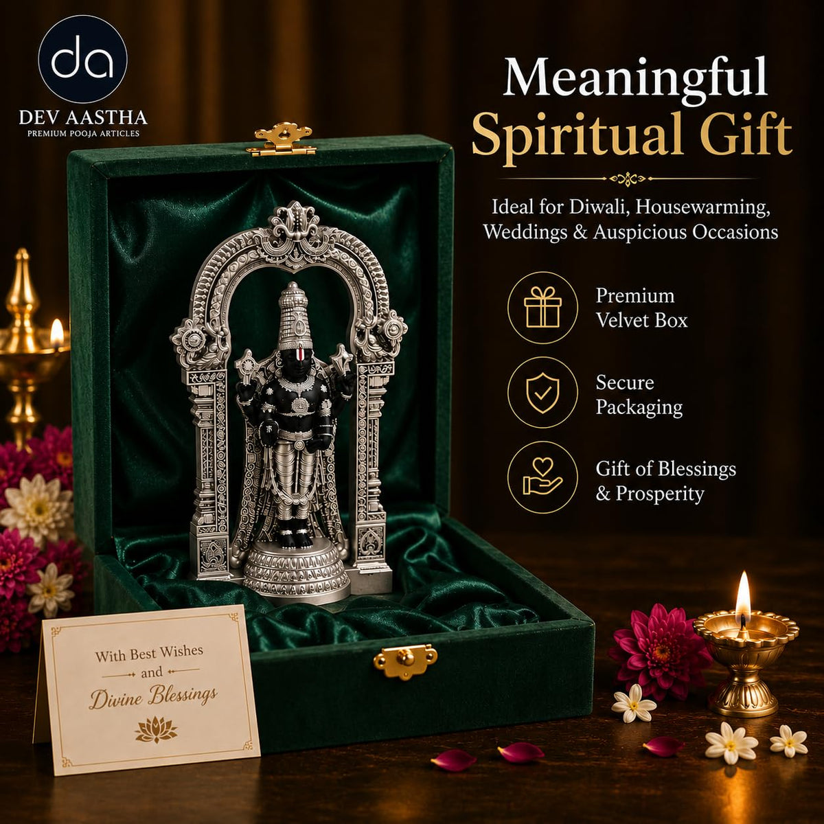 Silver Plated Tirupati Balaji Idol 4.7 Inch | Balaji Murti for Pooja Room, Home Decor & Living Room | Spiritual Gift Showpiece for Housewarming