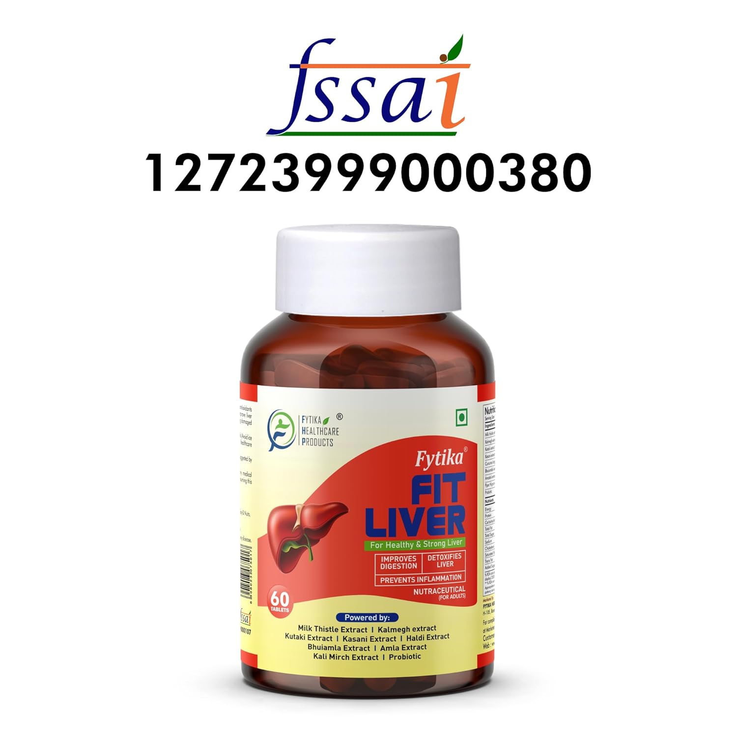 Fytika Fit Liver supplement bottle with FSSAI logo and contact number on a white background