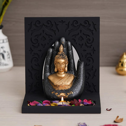eCraftIndia Grey Golden Resin Palm Lord Buddha Idol Tea Light Candle Holder| Gautam Buddha Statue Tea Light Holder Diwali Decoration Items for Home Decor| Buddha Showpiece Gift for Diwali Housewarming