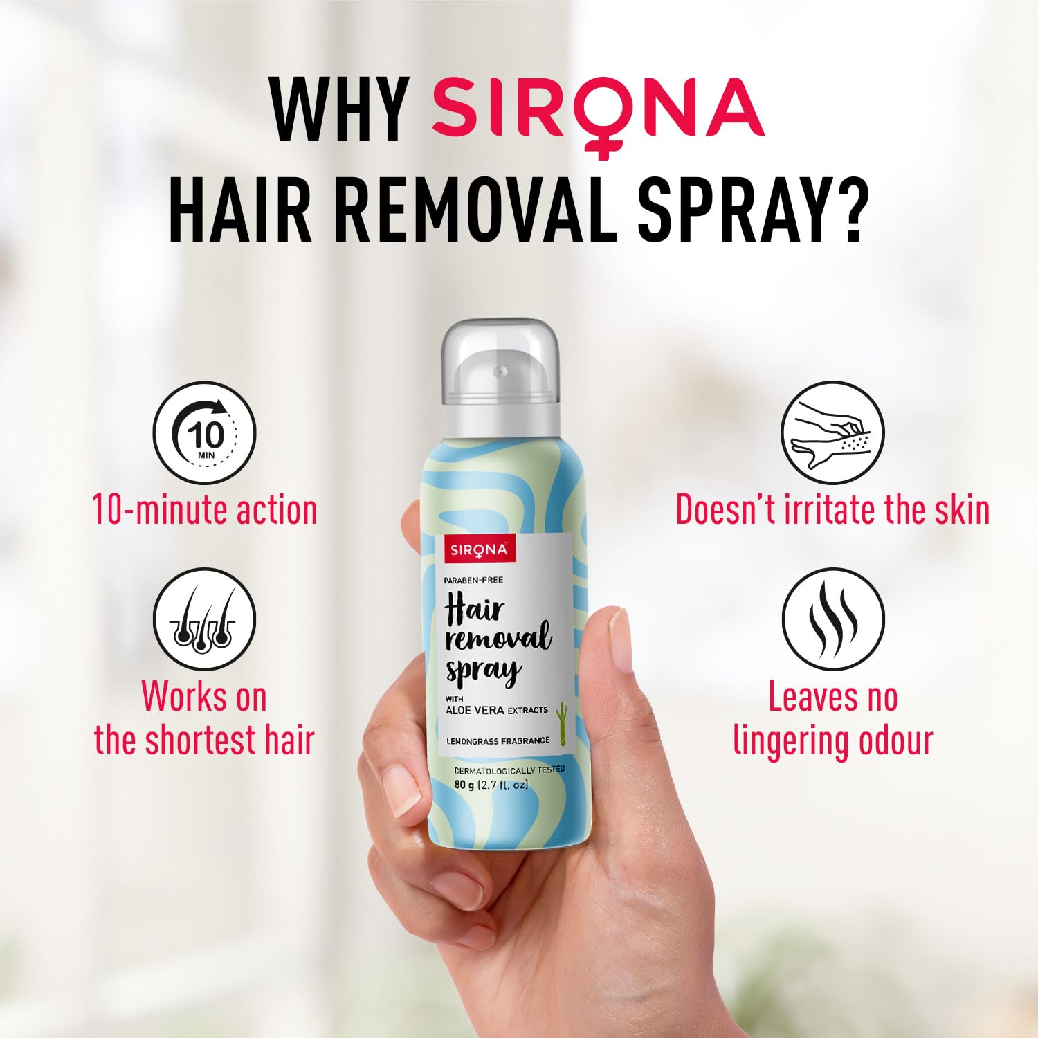 Sirona hair removal spray bottle held in a hand with product features listed.