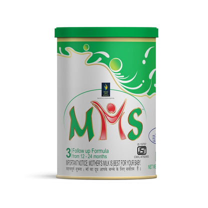 MMS baby formula canister with green and white design on a white background