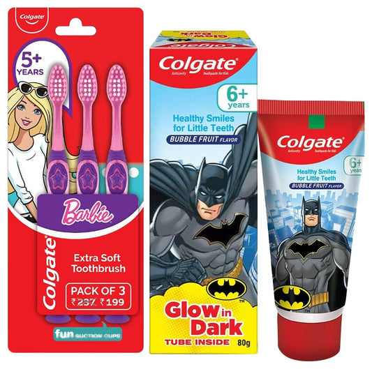 Colgate Kids Barbie Toothbrush, Extra Soft with Tongue Cleaner (Pack of 3) & Colgate Batman Anticavity Toothpaste For Kids - 80g (Bubble Fruit Flavour)