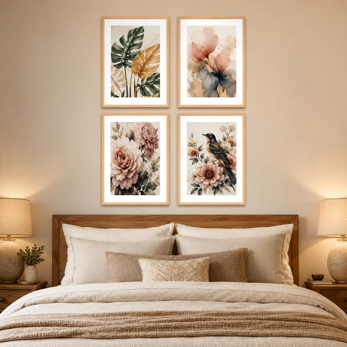 Set of 4 Botanical Floral Bird Wall Paintings with Sparkle Laminate and Premium Wooden Synthetic Frame for Living Room Bedroom Office Decor (13.5 x 19.5 Inch)