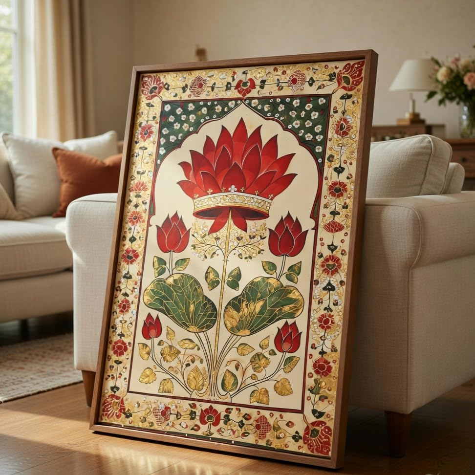 Royal Lotus Floral Wall Painting with Wooden Frame | Traditional Lotus Artwork HD UV Laminated MDF Wall Decor | Elegant Botanical Lotus Art for Living Room Bedroom Home Decor 13.5 Inch x 19.5 Inch