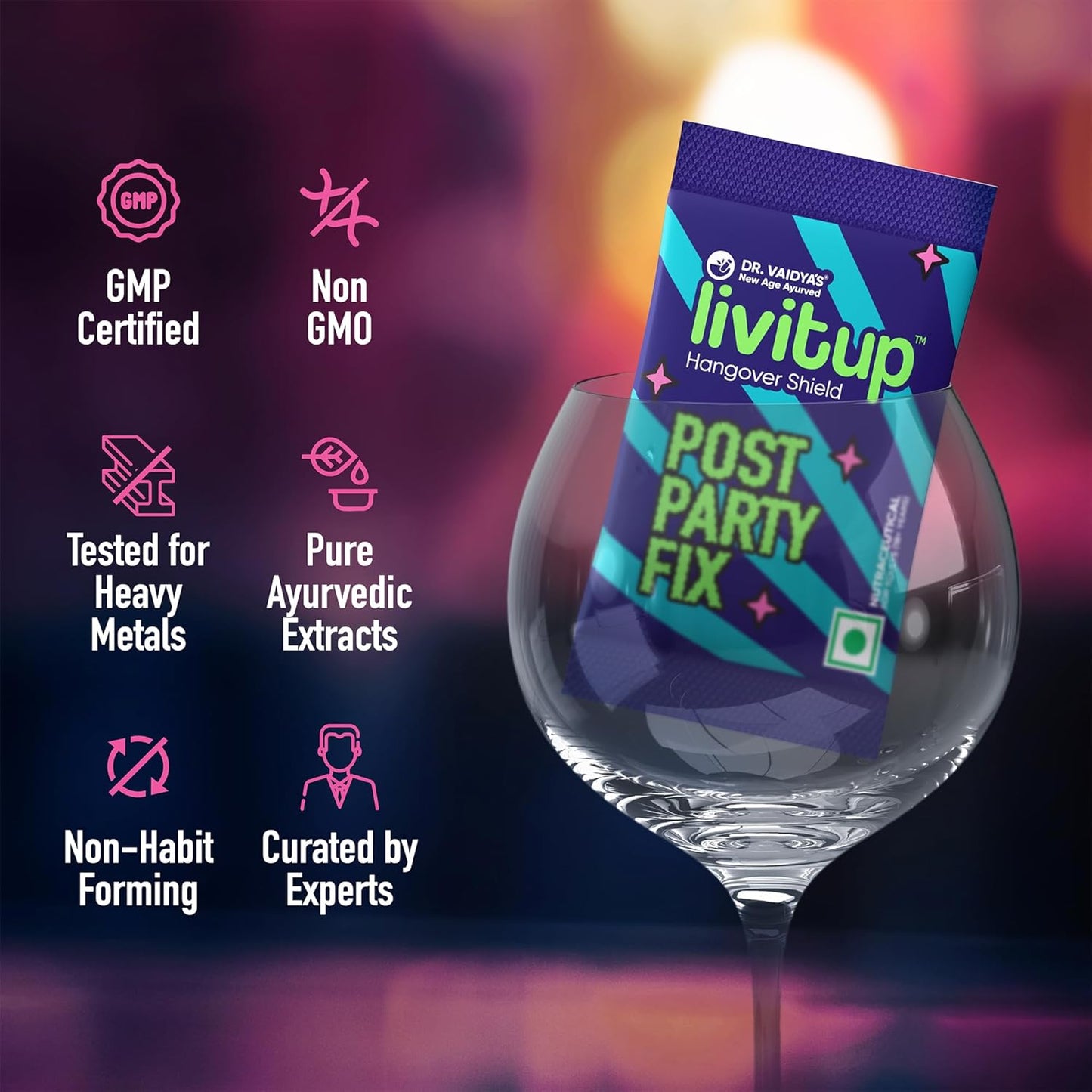 Dr. Vaidya's Livitup Post Party Fix | Hangover Relief & Liver Support | Helps Prevent Headache, Nausea & Acidity | With Sunthi, Ashwagandha & Taurine |15 Sachets (Pack of 1)
