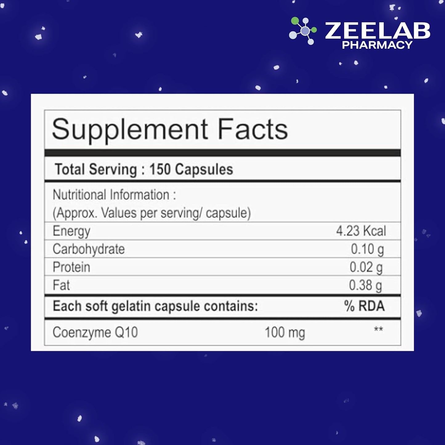 Supplement facts label for a product by Zeelab Pharmacy on a blue background