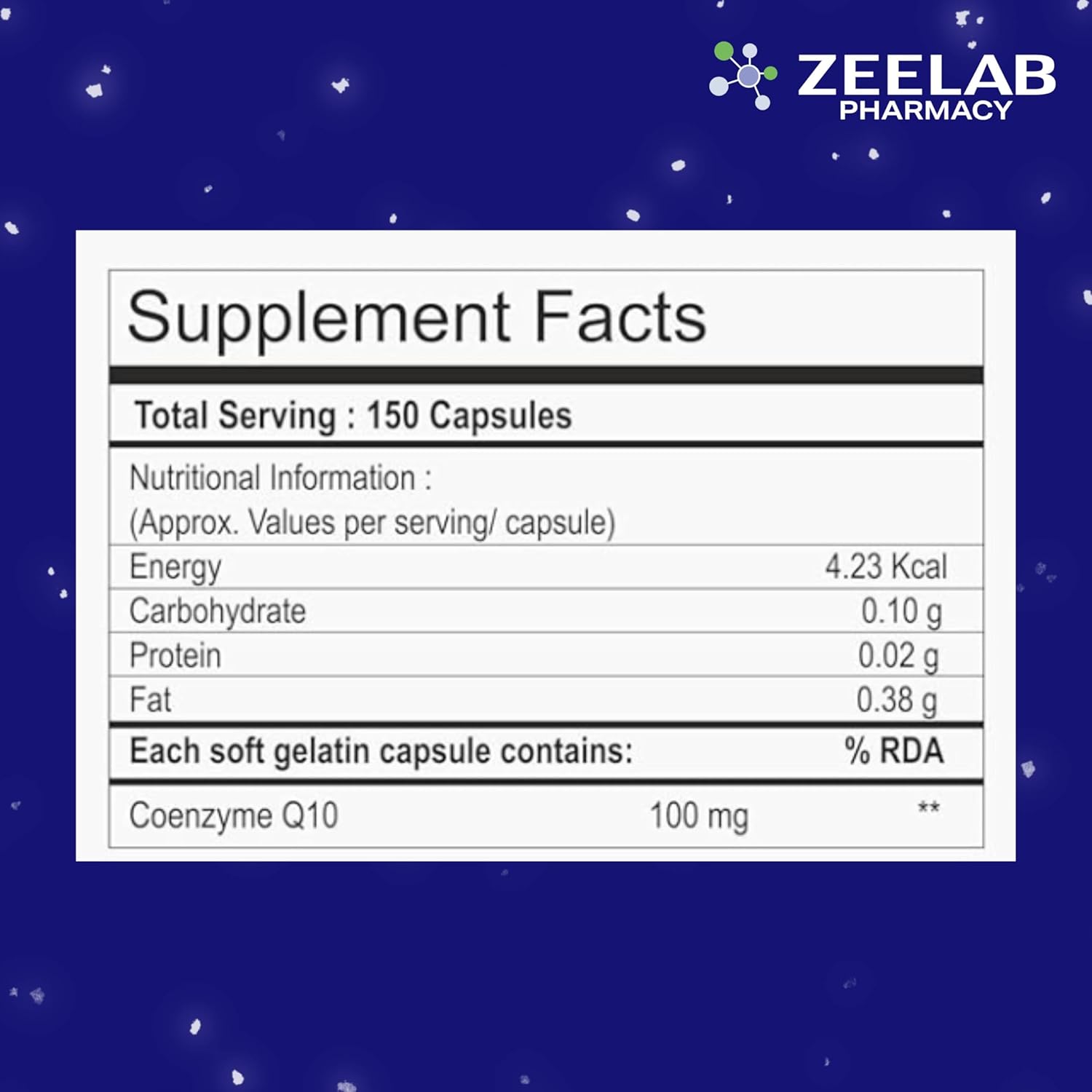 Supplement facts label for a product by Zeelab Pharmacy on a blue background