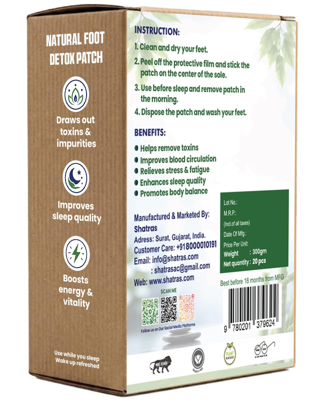 Shatras Herbal Foot Patch for Detox & Relaxation | Overnight Foot Pads for Tired Feet | Natural Ingredients for Sleep Aid, Pain Relief, Toxin Removal with Bamboo Vinegar Foot Patches with Adhesive Sheets-20 Pieces (PACK OF-1)