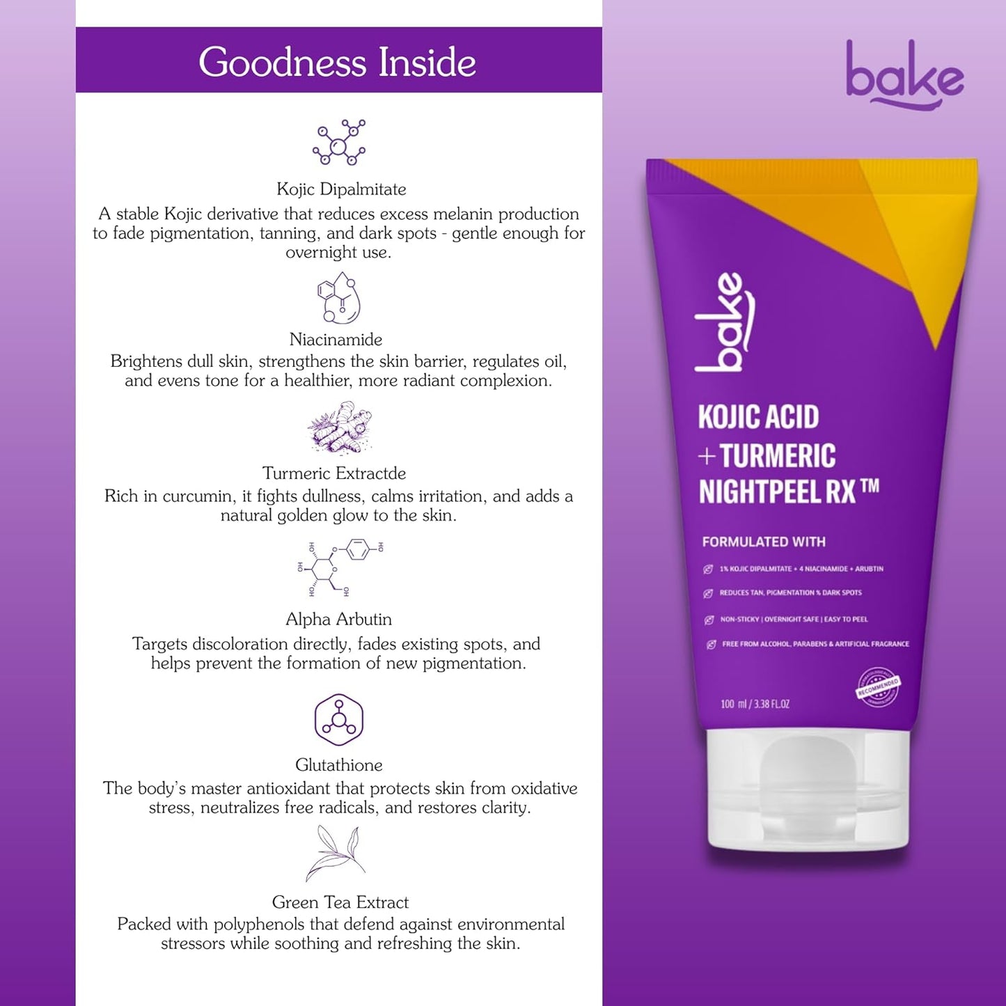 BAKE 1% Kojic Acid Night Peel Off Mask with Niacinamide & Turmeric | Reduces Pigmentation, Dark Spots & Tan | Overnight Peel Technology | Skin Brightening, Instant Glow - 100g