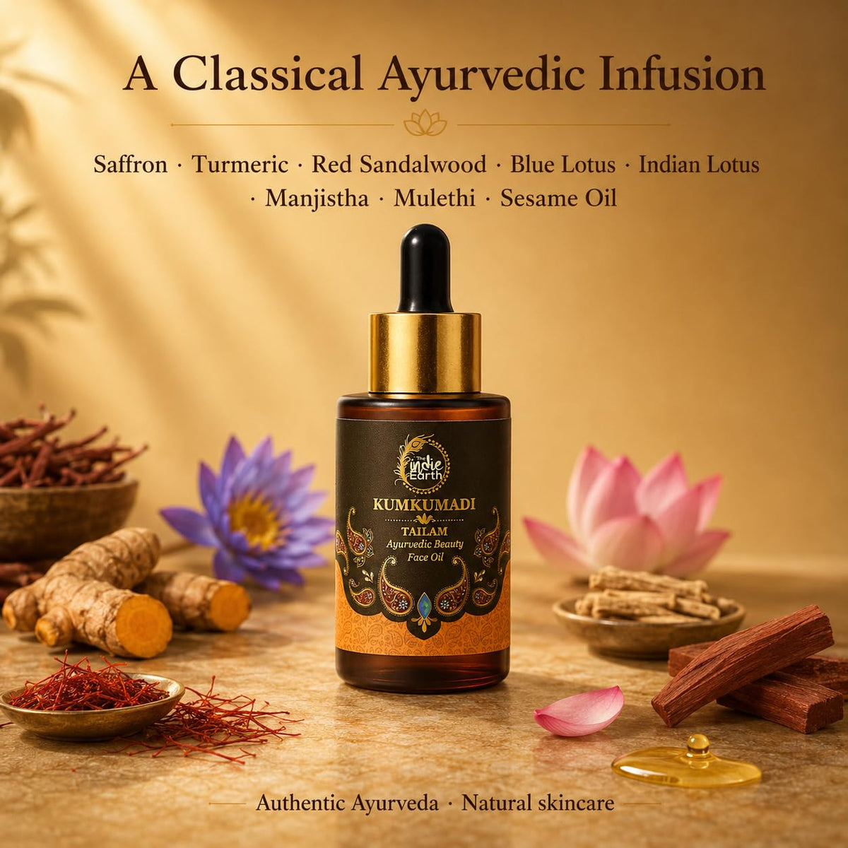 The Indie Earth Kumkumadi Tailam 30 ml | An Ayurvedic Beauty Face Oil | Miraculous Beauty Night Serum for Brighter, Glowing & Younger Looking Skin with Turmeric, Saffron, Blue Lotus & Indian Lotus