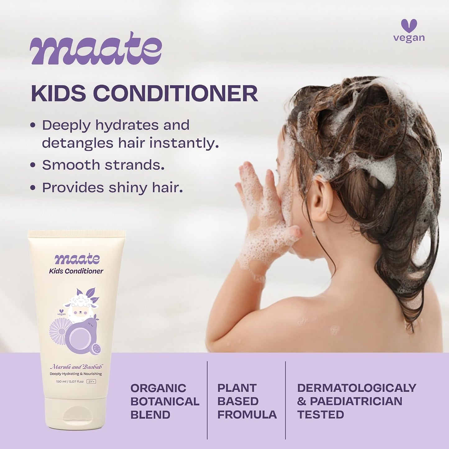 Maate Marula & Baobab Kids Conditioner 150 ml | For Curly & Frizzy Hair | Naturally Nourishes and Hydrates Hair | Enriched With Coconut & Olive Oil | Vegan | Tangle-Free | For Kid 3 Years and Older