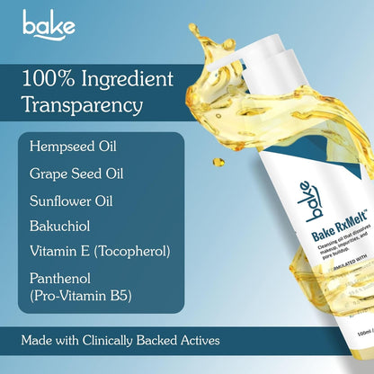 BAKE RxMelt™ Cleansing Oil for Removing Waterproof Makeup & SPF | With 15% Hempseed, 10% Grape Seed Oil, 0.5% Bakuchiol | Removes Impurities & Pore Buildup | Fragrance-Free | For Men & Women – 100ml