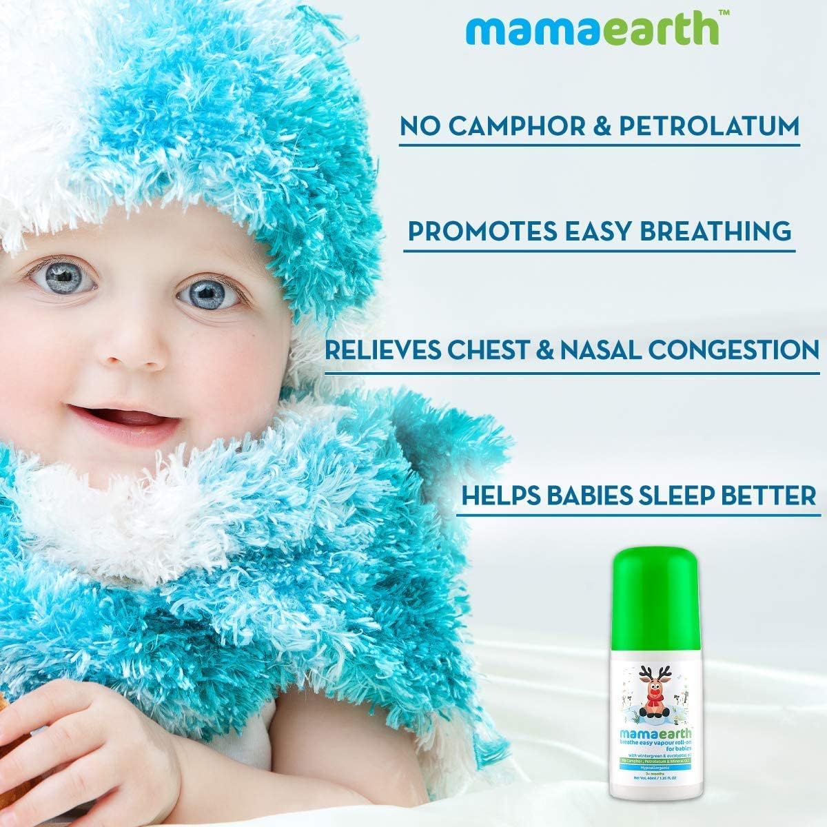 Mamaearth Natural Breathe Easy Vapour Roll-on for Cold & Nasal Congestion, with Wintergreen & Eucalyptus Oil.