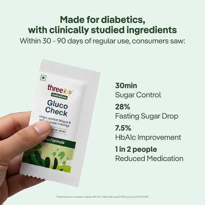 three60+ Gluco Check Powder | Diabetic Care & Diabetes Control Powder | Clinically Proven Diabetic Supplement for Blood Sugar Level | Better than Juice with Only Jamun, Karela | Natural, Non-GMO, Gluten Free | 15 Sachets | 15 Day Pack (Pack of 1)