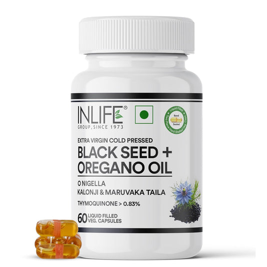 INLIFE Black Seed Oil (480 mg) & Oregano Oil (20 mg, 50:1) | Extra Virgin Cold Pressed | O Nigella, Kalonji & Maruvaka Taila | 60 Liquid Filled Veg Capsules