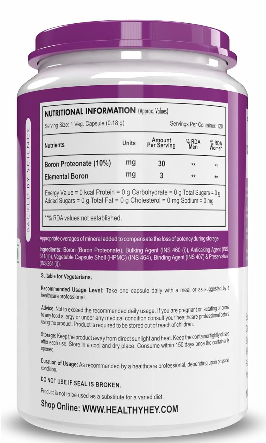 Supplement container with nutritional information label on a white background