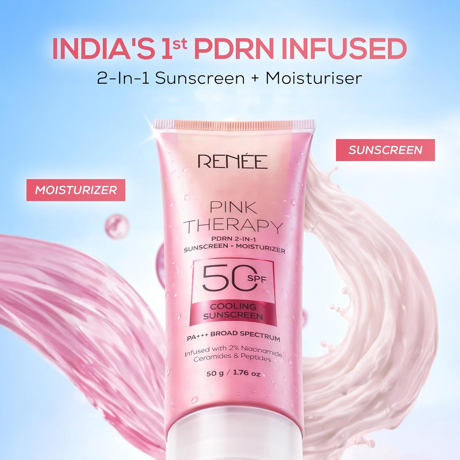 Pink sunscreen and moisturizer tube with 'RENEE' branding on a blue background