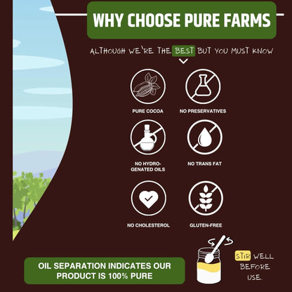 PURE FARMS Dark Chocolate Peanut Butter | Crunchy Chocolate Peanut Butter Spread | 22g Protein, Pure Cocoa | 80% Roasted Peanuts, No Hydrogenated Oil