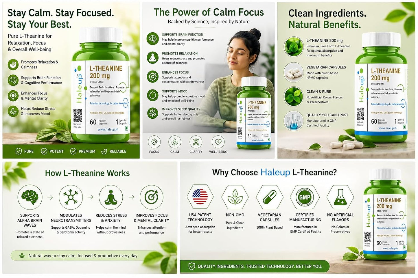 Haleup L-Theanine 200 mg | High Bioavailability Formula | Promotes Calm, Focus & Relaxation | Haleup USA, 60 capsules (60 count X 1)