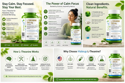 Haleup L-Theanine 200 mg | High Bioavailability Formula | Promotes Calm, Focus & Relaxation | Haleup USA, 60 capsules (60 count X 1)