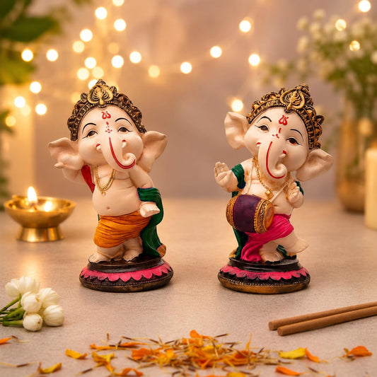 Handcrafted Resin Little Standing Ganesha Statues for Home Decor - (Set of 2 Piece, Multicolor)