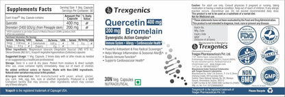 Supplement label for Trexegenics Quercetin 200 mg Bromelain with various logos and text.