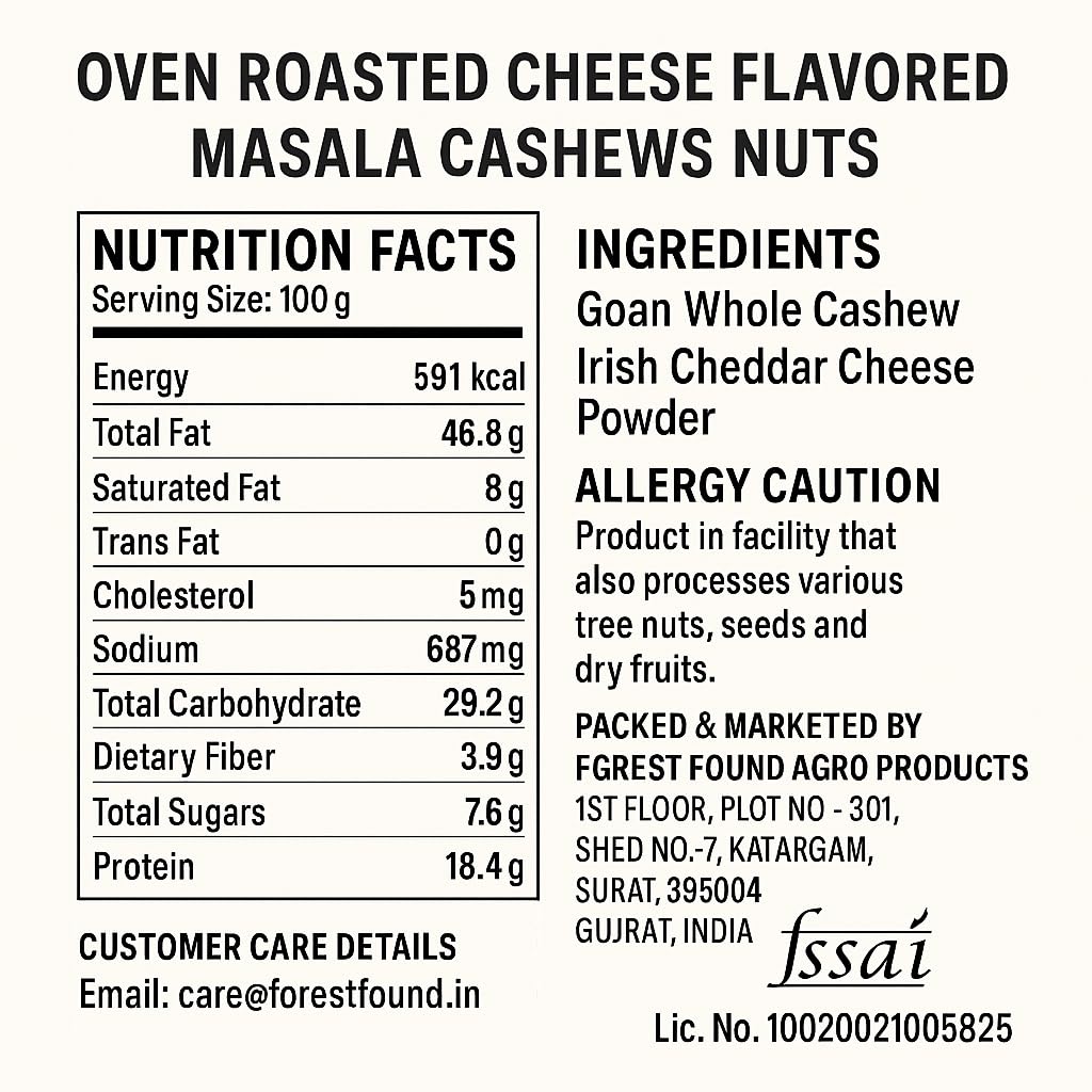 Forest Found Cheese Flavored Roasted Cashews 400g | Creamy Masala Whole Kaju - 100% Oil-Free & Dry | Healthy Non-Fried Crunchy Vegan Snack - Premium Cheese Seasoned ashew Nuts