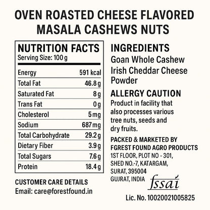 Forest Found Cheese Flavored Roasted Cashews 400g | Creamy Masala Whole Kaju - 100% Oil-Free & Dry | Healthy Non-Fried Crunchy Vegan Snack - Premium Cheese Seasoned ashew Nuts