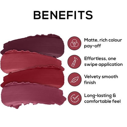 RENEE Very Matte Pack of 4 Matte Lipsticks - Berries, Intense Color Pay Off, Full Coverage, Long Lasting & Weightless, Easy Glide Formula With Velvety Finish, Suitable for All Occasion & Gifting