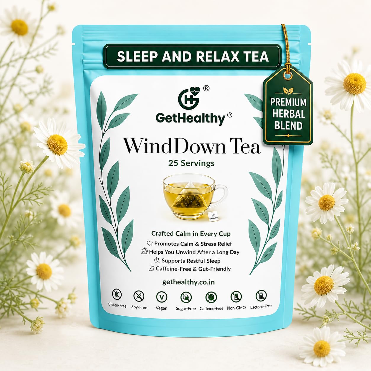 GetHealthy WindDown Tea package with flowers in the background